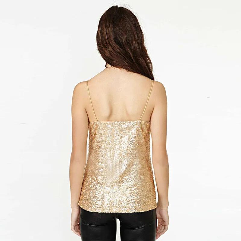 2021 Summer Autumn New Women's Sexy Casual Sleeveless Sling Slim V-neck Gold Sequins Solid Color Vest | Женская одежда