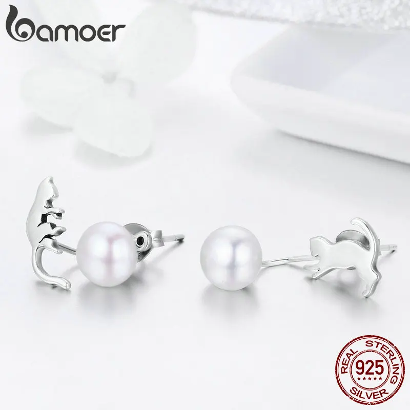 BAMOER, Настоящее серебро 925 пробы, милый кот, хвост киски, изысканные серьги-гвоздики для женщин, Стерлинговое Серебро, ювелирное изделие SCE364
