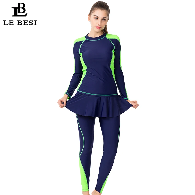 Navy Blue LEBESI из двух частей купальник для женщин Professional Спортивная юбка ванный комплект плюс размеры одежда для плавания с длинным рукавом брюки девочек Surf - Цвет: Navy Blue