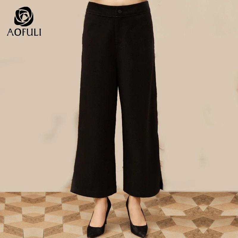 Женские широкие брюки AOFULI L ~ XXXL 4XL 5XL с разрезом черные длинные больших размеров на