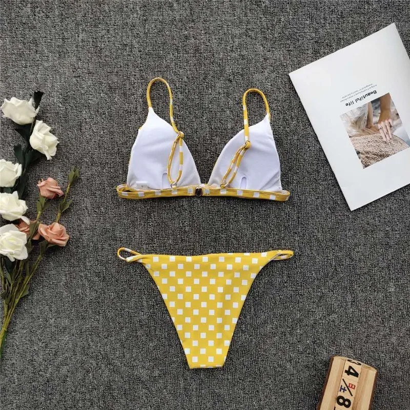 Cute Yellow Plaid Swimwear For Women Polyester Strappy Cut Out Matching Swimsuit Female On Beach Haute Thong Bikinis Set Push Up |