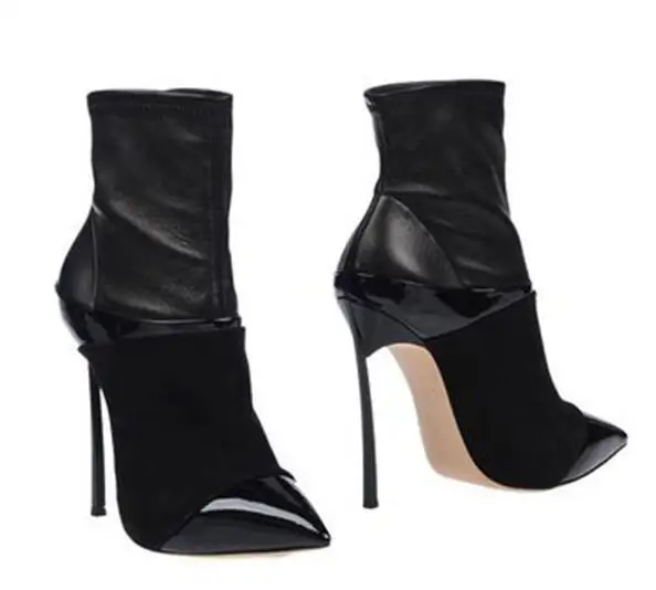 Kopen Big Size Zwart Lakleer Patchwork Dames Blade Hak Enkellaars Stretch Lederen Slip Op Vrouwen Sexy Laarzen Party Laarzen