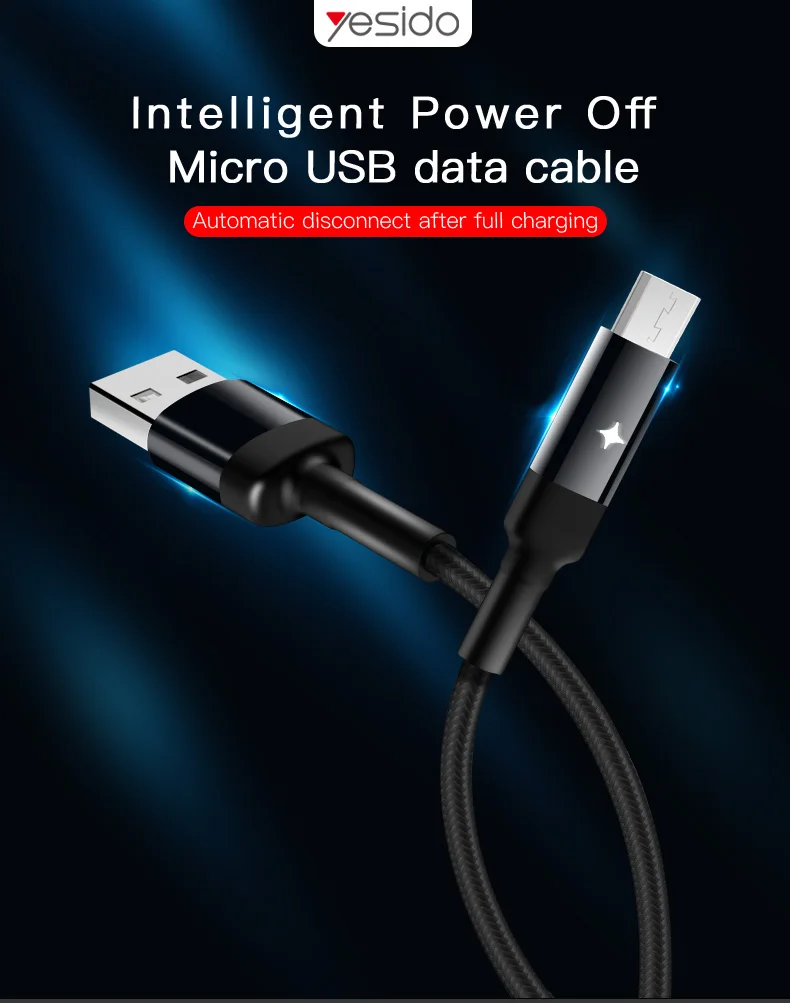 Yesido CA28 Smart power Off Micro USB кабель для samsung Xiaomi 2.4A кабель для быстрой зарядки автоматическое отключение USB шнур телефонный кабель для передачи данных