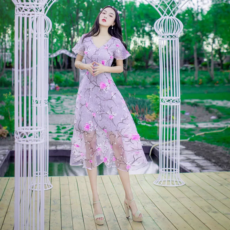 Vestidos, кружевное платье, элегантное, женское, v-образный вырез, короткий рукав, Платья для вечеринок, лето, повседневное, Цветочная вышивка, Пляжное Платье