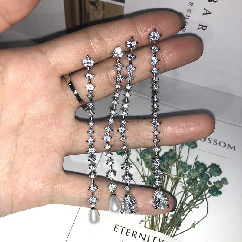 OMHXZJ Wholesale European Fashion Woman Party Birthday Wedding Gift Pearl Zircon Long Tassel 18KT White Gold Stud Earrings EA517 | Украшения