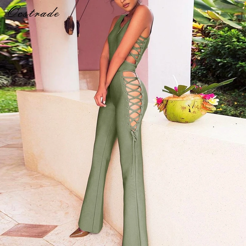 Ocstrade Jumpsuits for Women 2017 Summer Sexy Olive Green Lace-up Rayon Bandage Jumpsuit with Wide Legs | Женская одежда