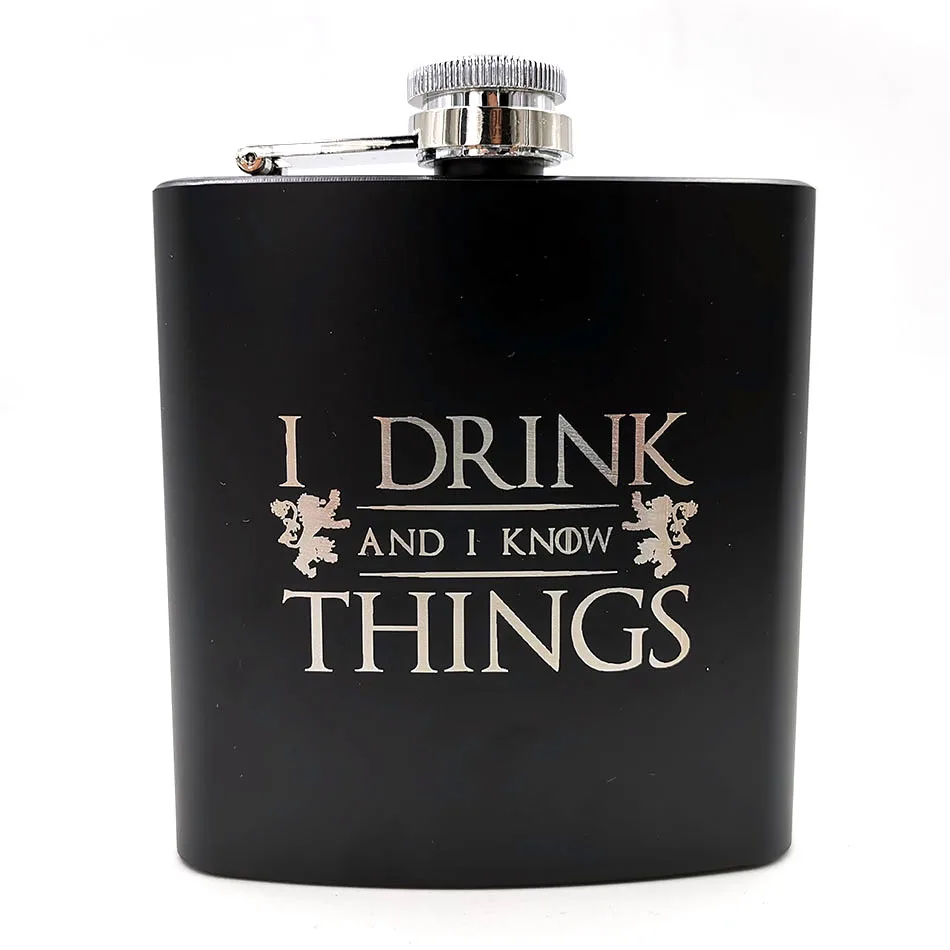 6 унций фляжка-Игра престолов "I Drink and I Know Things" с порошковым покрытием из нержавеющей стали steelLaser Выгравированная идея для фанатов GOT