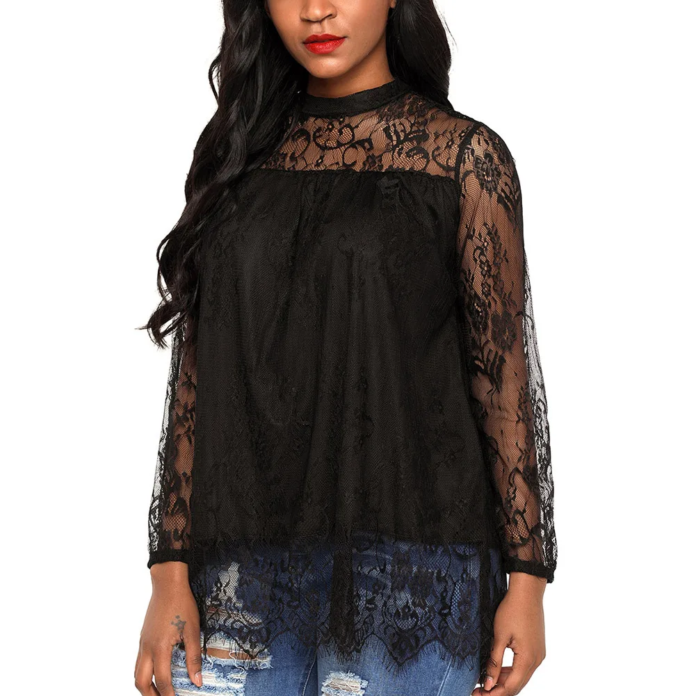 Кружево Для женщин футболка черный 2018 с длинным рукавом черепаха Средства ухода