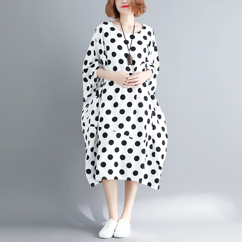 Женское длинное свободное платье-Блуза в горошек с рукавом летучая мышь | Женская