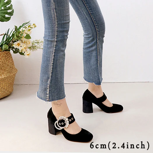 Black Heel 6cm Г. Модные черные туфли-лодочки персиковые замшевые туфли мэри джейн на высоком каблуке с квадратным носком и жемчугом женская обувь, размер 4, 34, 3 дюйма, со стразами - Цвет: Black Heel 6cm
