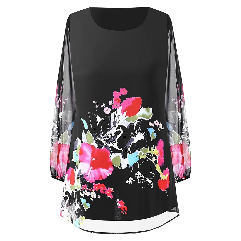 Женское платье с цветочным рисунком большие размеры круглым вырезом прозрачное