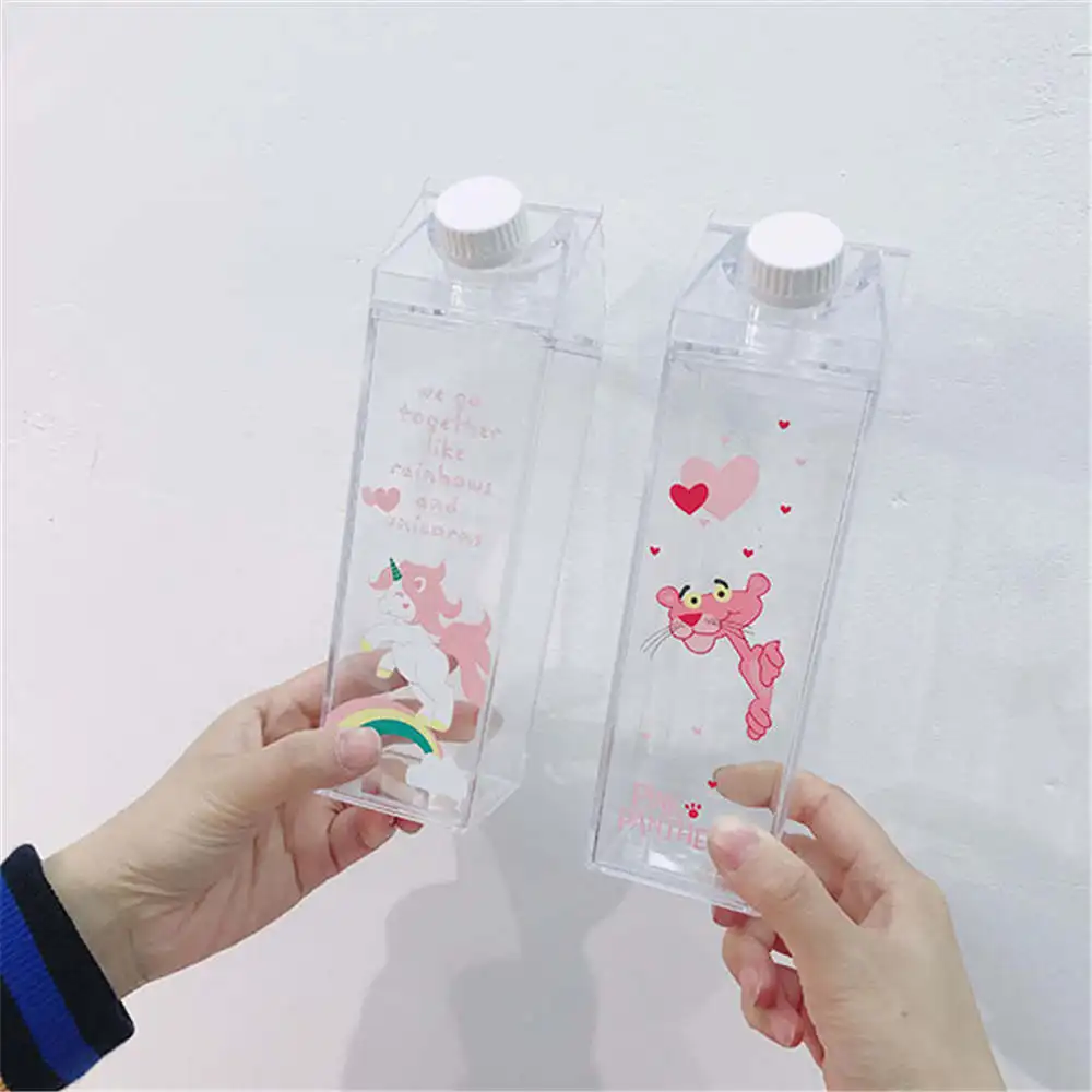 Ins Cute Pink Leopard Water Bottles Creative Milk-box Shape Bottle Transparent Portable Cartoon Unicorn Plastic Milk | Дом и сад
