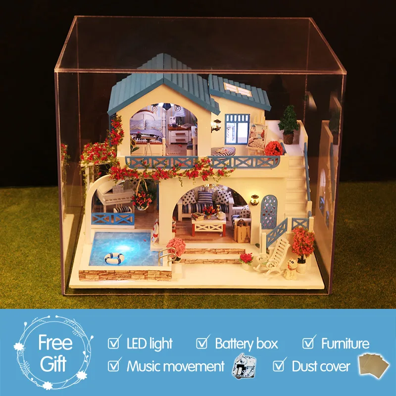 With Dust cover Кукольный дом Diy мебель с бассейн игрушки для девочек для детей кукольный домик миниатюры домашняя игрушка деревянный дом романтический подарок - Цвет: With Dust cover