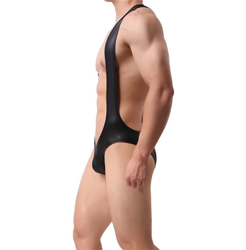 Sexy One Piece Bodysuits Mens Undershirts PU Leather Jumpsuits Teddies Shapers Gay Men Underwear Leotard Nightwear Undershirt