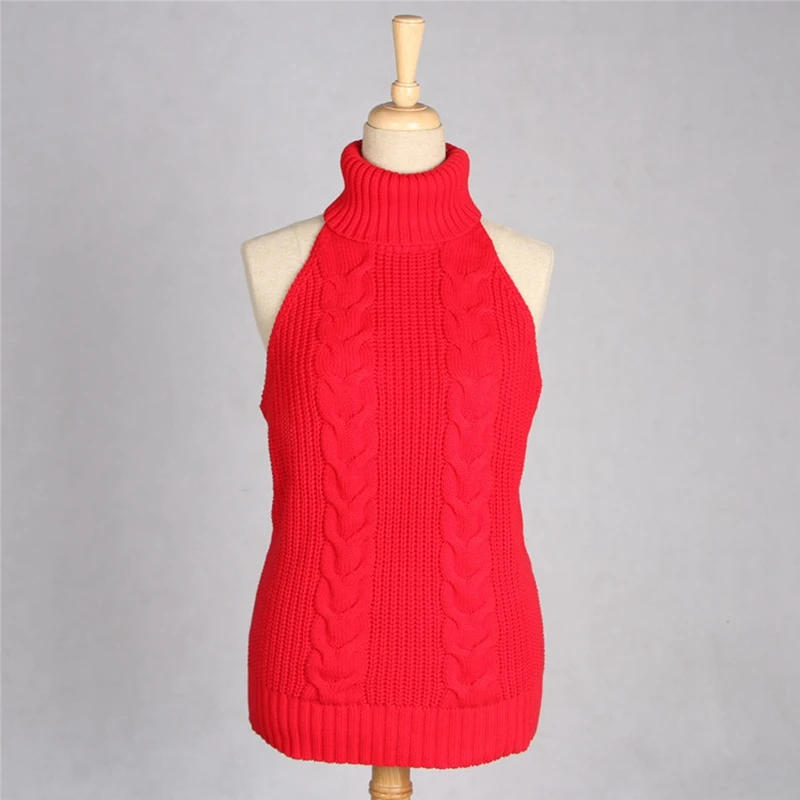 Женский трикотажный свитер без рукавов с высоким воротником и открытой спиной |