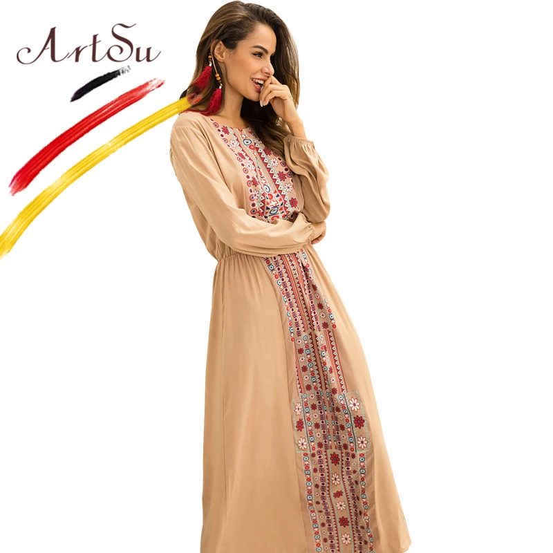 

ArtSu 2018 Spring Autumn Long Sleeve Casual Dress Women O-Neck Floral Print Maxi Dress Retro Ethnic Robe Longue Femme Plus Size