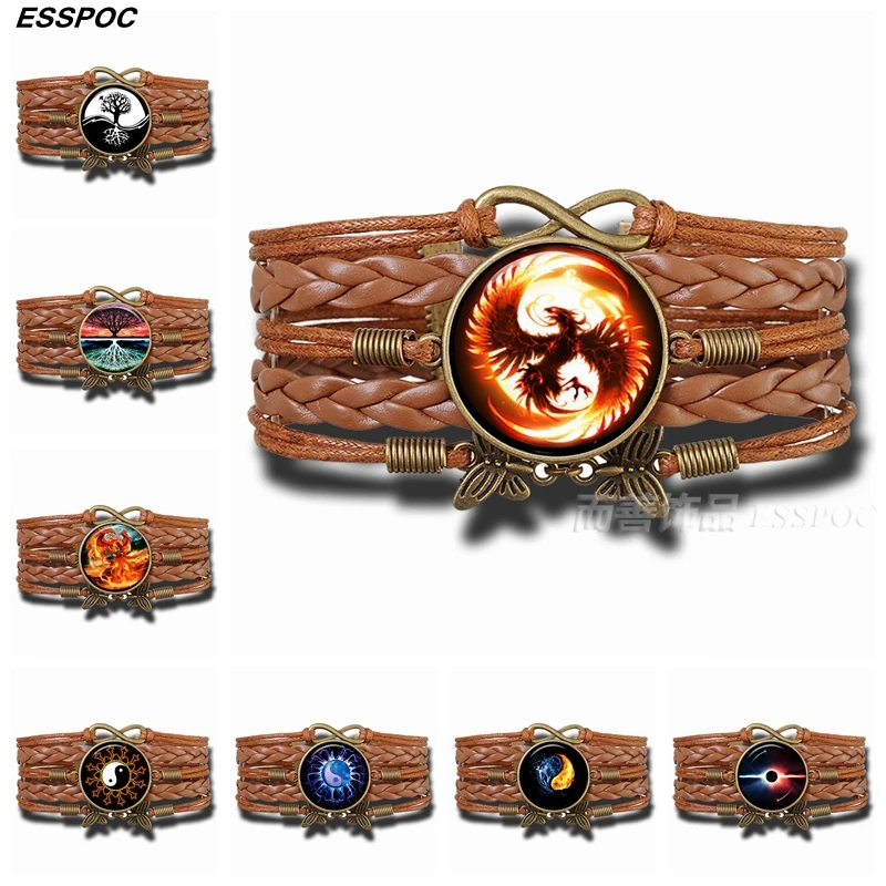 Браслет Fire Phoenix Yin украшения стеклянный кабошон многослойный кожаный браслет