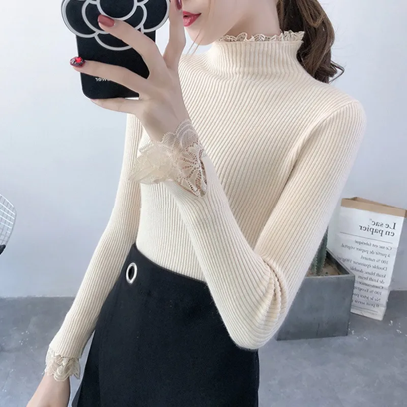 Women Knitted Pullover Turtleneck Lace Patchwork Autumn Winter Sweaters Lady Pullovers | Женская одежда