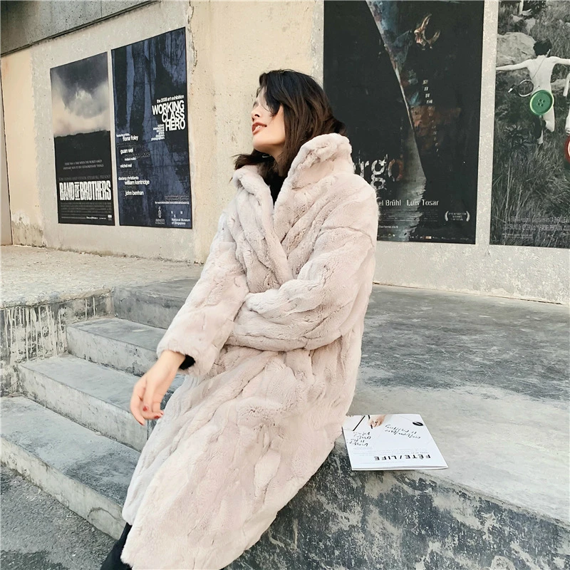 beige grey Зимняя женская повседневная куртка из натурального меха кролика Рекс, длинное пальто с воротником-стойкой, уличная Толстая теплая верхняя одежда - Цвет: beige grey