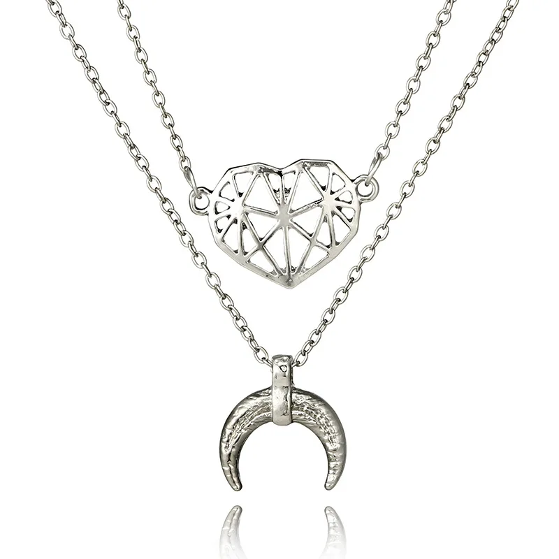 Простое ожерелье с подвеской модное Двухслойное Сердце Луна Шейная цепочка