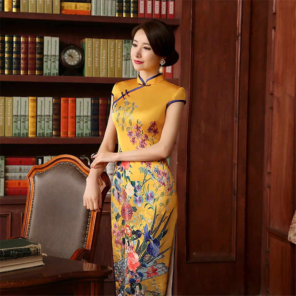 2018 китайское свадебное платье с длинным рукавом Cheongsam желтого цвета традиционное