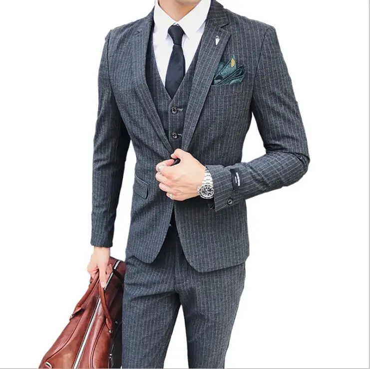 

Luxury Fashion New Men Dress Suits Striped British Style Wedding Suit for Men Slim Fit Clothing Jacket + Waistcoat + Pant