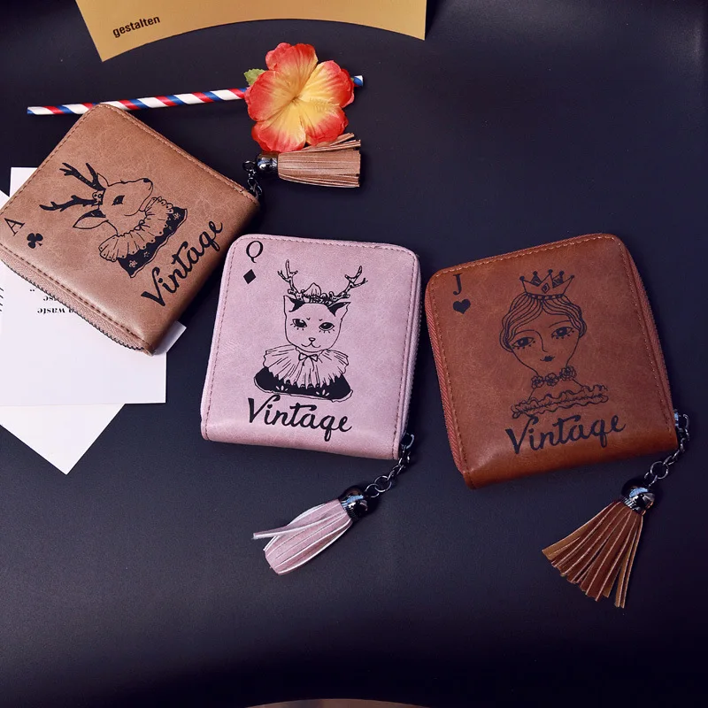 

2017 New Leather Wallet Vintage Print Cartoon Ladies Leather Wallets Tassel Fashion Card Wallet