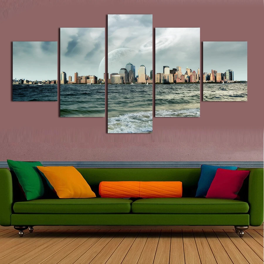 Oil Painting 5 Pcs High Quality Cheap Art Pictures Sea And Sky Large Hd Modern Home Wall Decor Canvas Print Unframed | Дом и сад