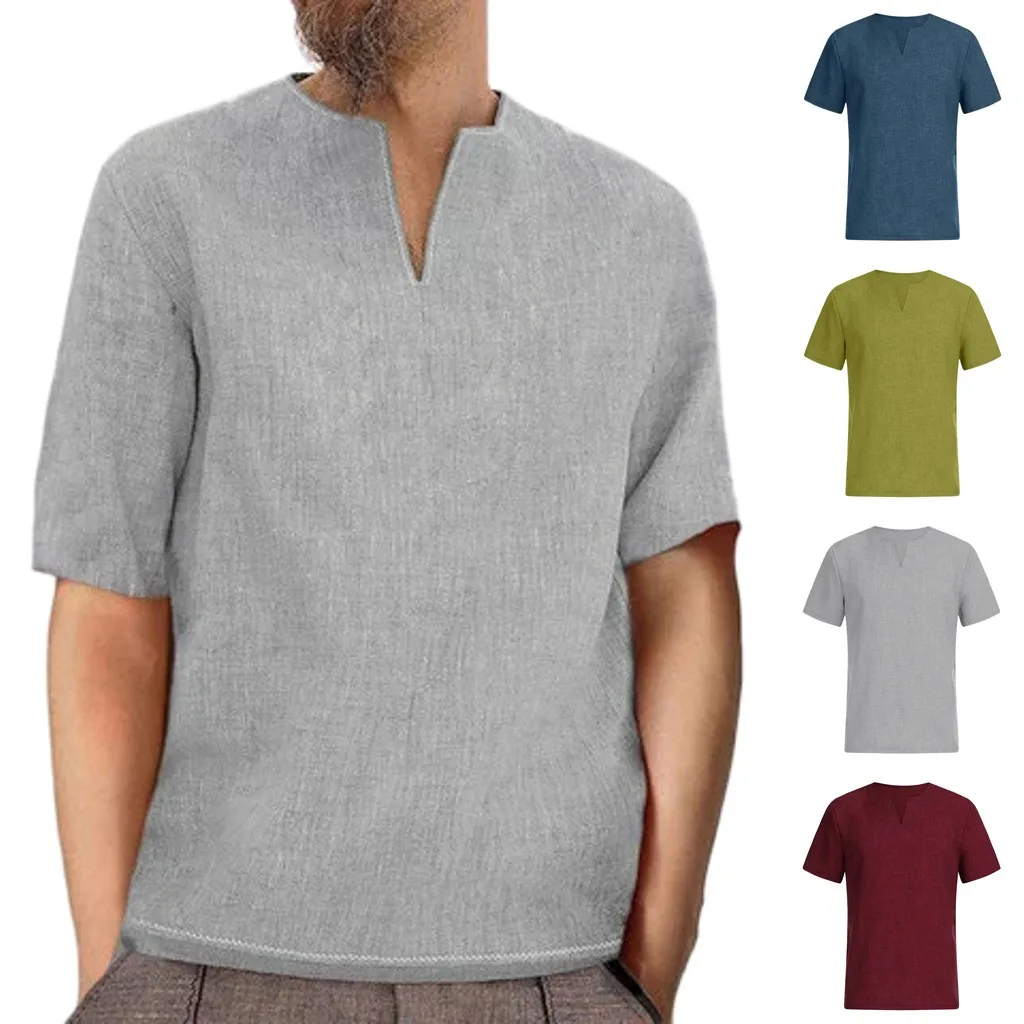 Мужские рубашки ropa camiseta Летние повседневные мешковатые Ретро хлопковые льняные однотонные рубашки с коротким рукавом и v-образным вырезом Топы Блузки harajuku рубашки
