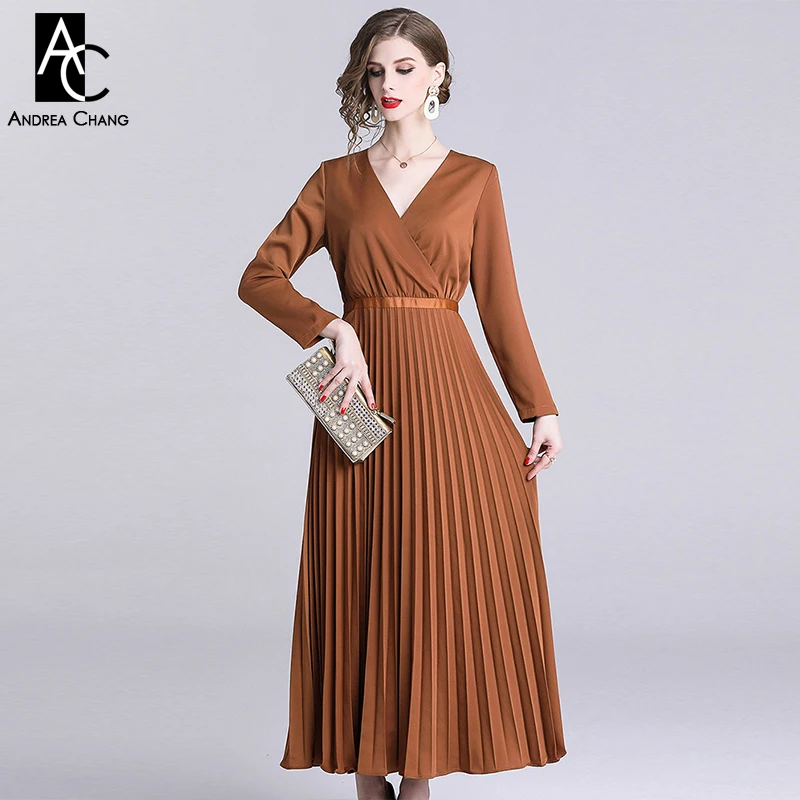 S-XL Весна Лето Женское платье с длинным рукавом v-образный вырез до щиколотки