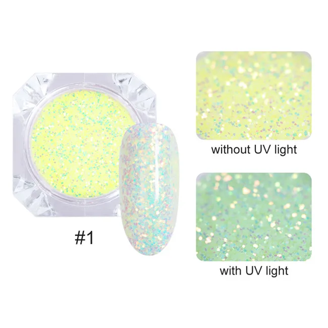 glitter1 1 коробка солнцезащитный свет УФ чувствительный меняющий цвет смешанный размер хлопья Хамелеон маникюр с блестками 3D дизайн ногтей гелевое украшение - Цвет: glitter1