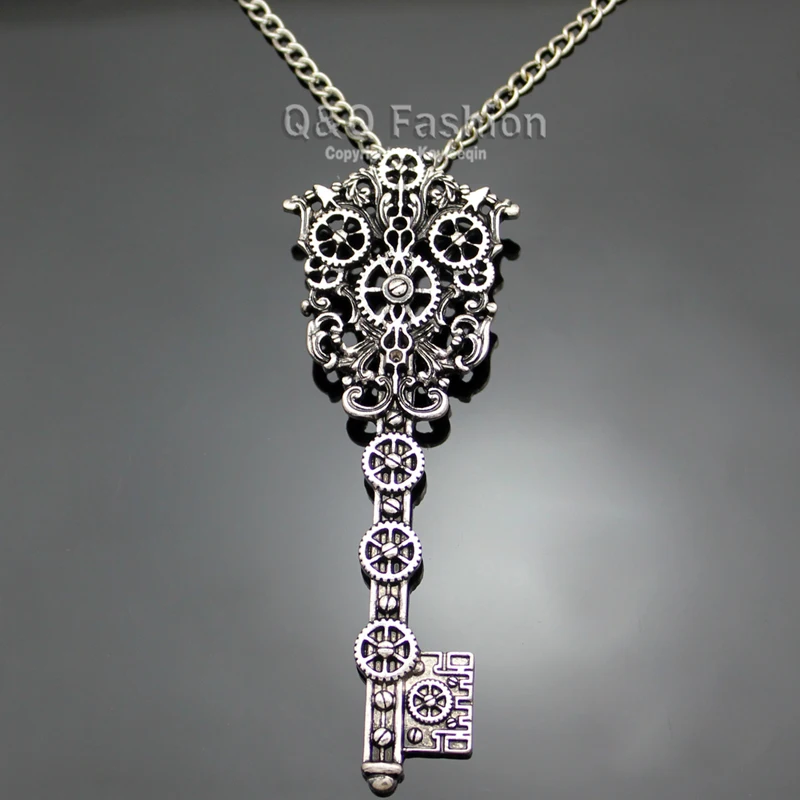 Vintage Silver Plated Victorian Filigree Skeleton Key Watch Clock Gear Cog Steampunk Chain Necklace Jewelry | Украшения и