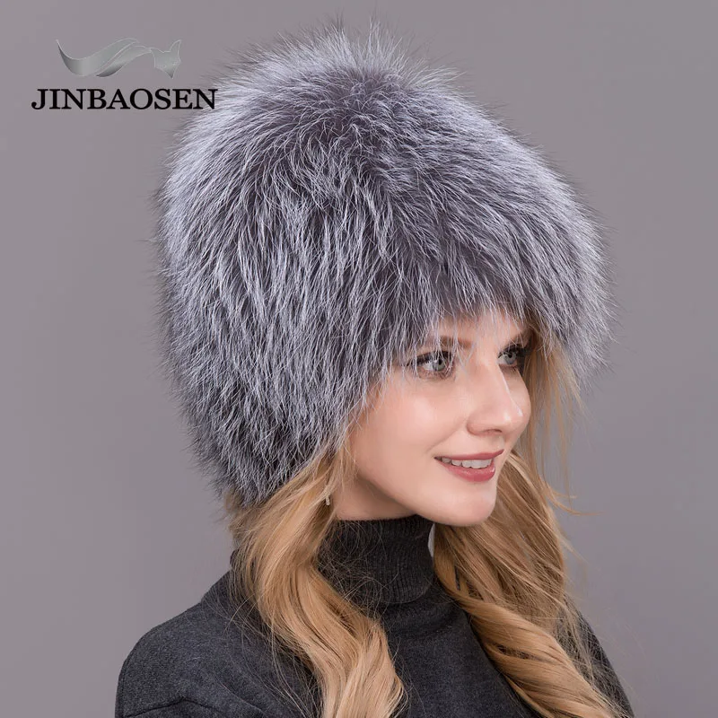 JINBAOSEN женская зимняя меховая шапка из натурального Лисьего меха, вязаная шапка из меха серебристой лисы, Женская Русская Шапка bomer