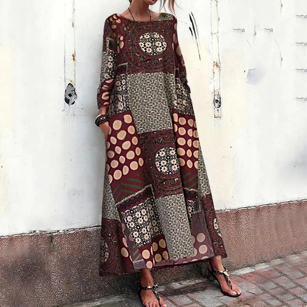 Женское хлопковое льняное платье с рукавом 3/4 Свободное длинное карманами и