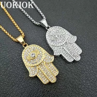 hip hop iced out hamsa hand of fatima pendant chain for womenmen gold color stainless steel evil eye necklace turkish jewelry