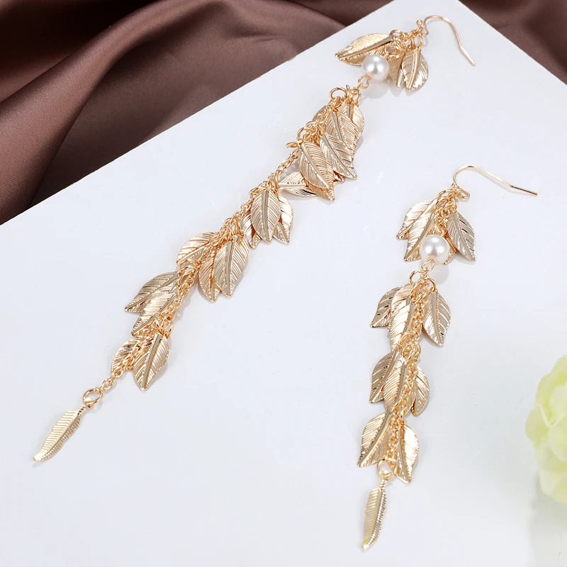 Metal Leaf Tassel Long Drop Earrings For Women Gold Color Maxi Statement Hanging Dangle Asymmetry Earring Wedding Party Jewelry | Украшения