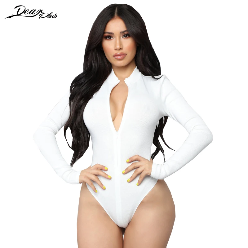 Solid Round Neck Slim Fit Skinny Bodysuits Long Sleeve Front Zip Office Lady OL Women Autumn Party Rompers | Женская одежда