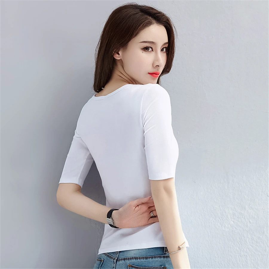 Half Sleeve Women T Shirt Cotton White Tee Femme Sexy Harajuku Streetwear Oversize Ladies Tshirt Top Elegant KC6G054 | Женская одежда