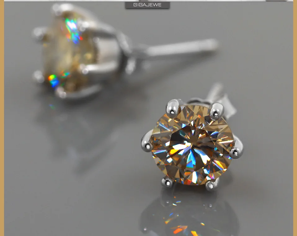 GIGAJEWE Муассанит Золотая круглая огранка общая 1.6ct выращенные лабораторно алмазы 6 зубцов Серебряные серьги Модные украшения подарок девушке