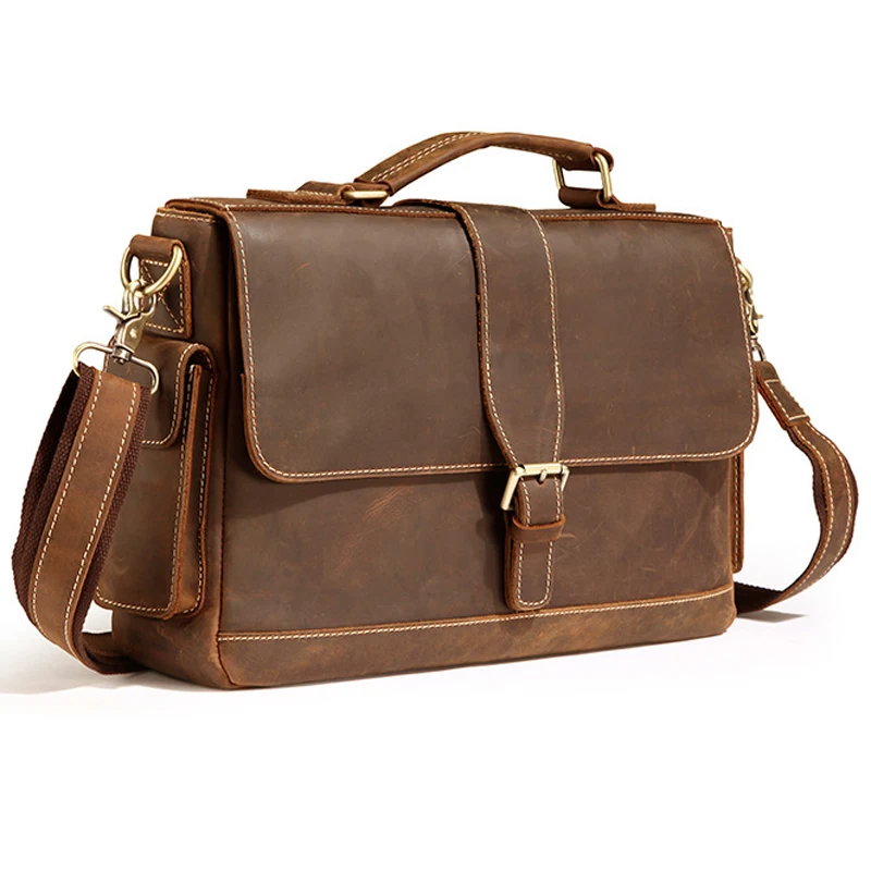 Vintage Men Briefcase Genuine Leather Briefcase Business Bag Crazy Horse Leather Shoulder Bag Messenger Bag Tote Handbag Brown