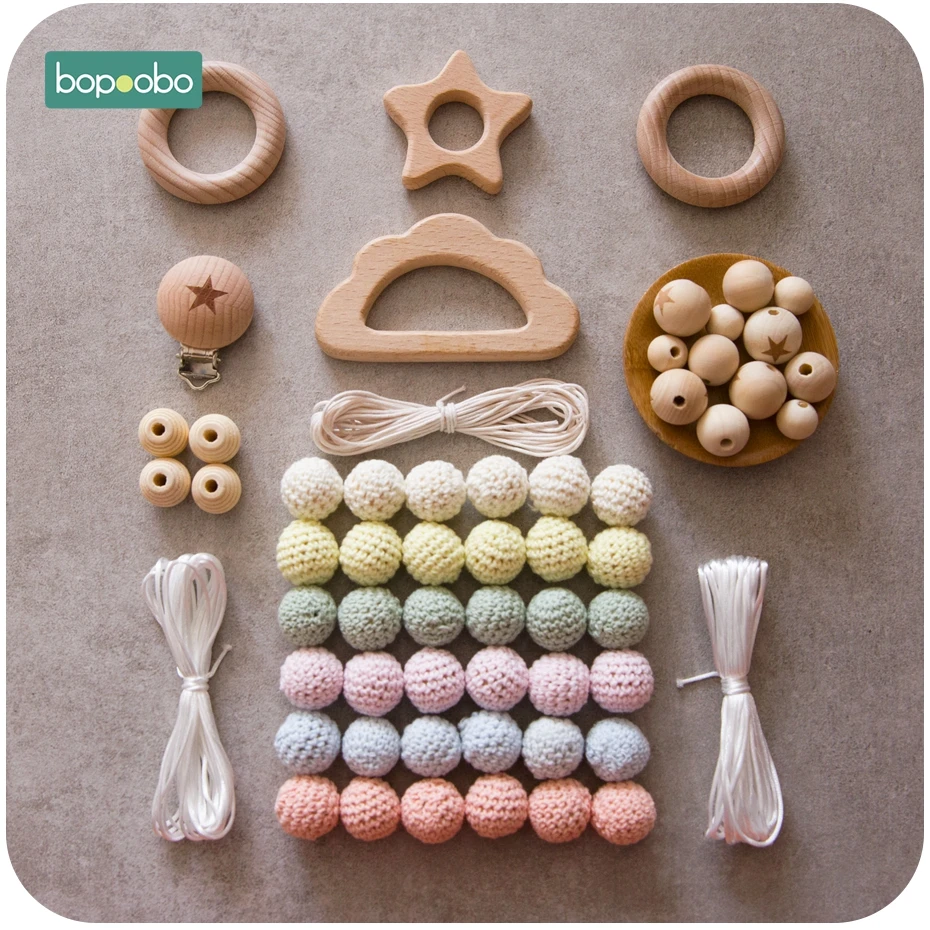 Bopoobo 1Set Baby Teether DIY Silicone Beads Pacifier Clip Chain Baby Mobile Wool ball BPA Free Wooden Crochet Beads Teether