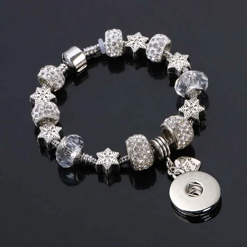 

Fashion Snowflak Strand Crystal Bead Glass Link Bracelet 183 18mm Snap Button Charm Bangle Jewelry For Women Teenagers Gift 20cm