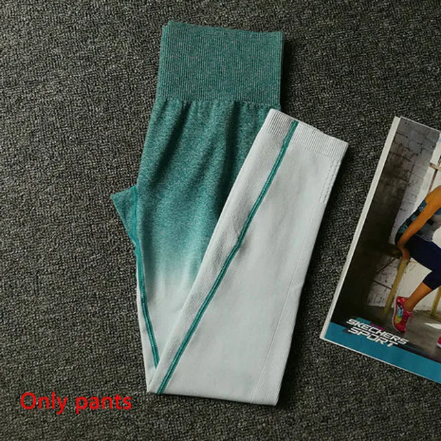 Green pants Женский комплект для йоги, одежда для спортзала, топ с коротким рукавом+ Бесшовные Леггинсы с эффектом омбре, спортивный костюм для тренировок, спортивная одежда для фитнеса, одежда для активного отдыха - Цвет: Green pants