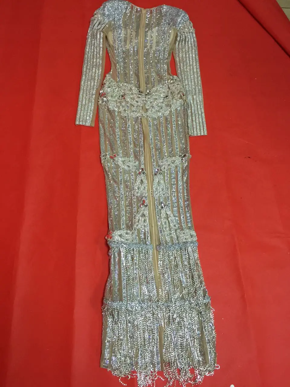 Luxury Glisten Silver Rhinestones Dress Flashing Sexy Stage Wear Long Dresses Full Crystals Costume Celebrate Outfit Dresses