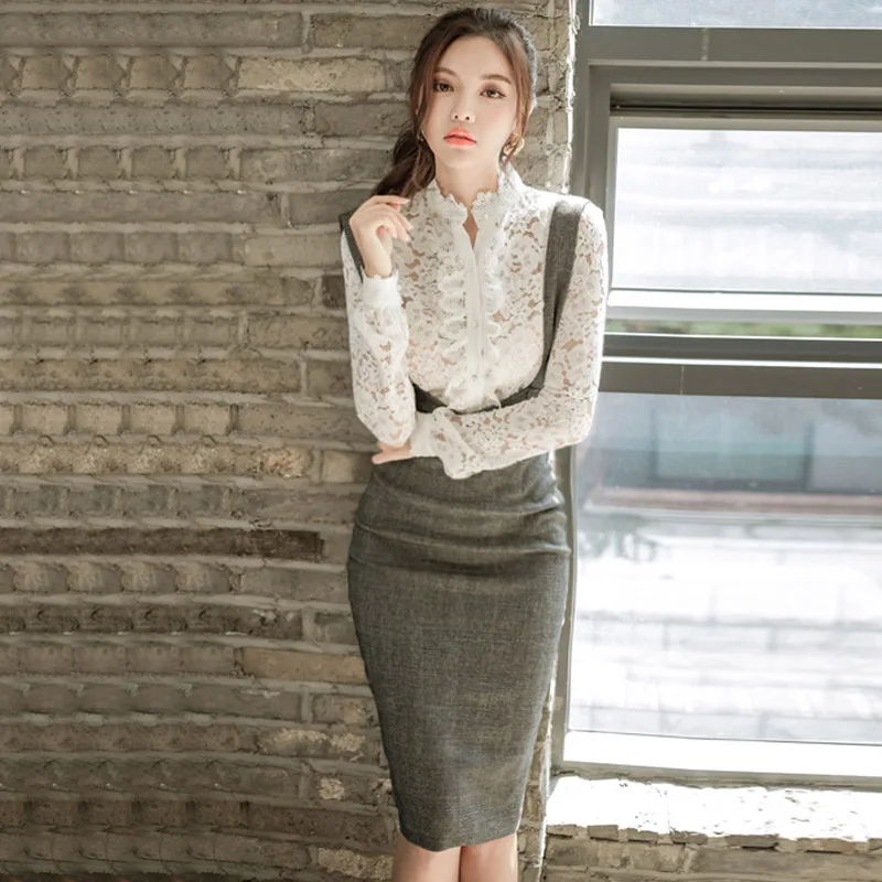 Весенняя и Осенняя мода 2019 новая Корейская женская футболка с кружевом + ремешок