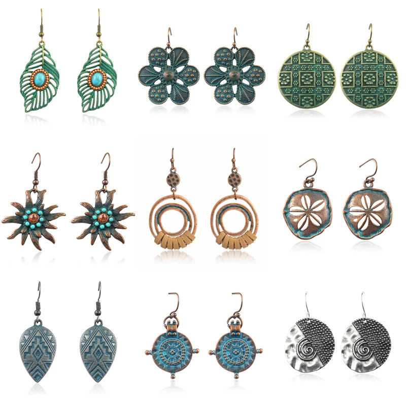 

Bohemian Earrings Bronze Flower Leaves Hollow Cherry Blossoms Sun-flower Vintage Carved Coin Ethnic Earring Female Charm Jewelry