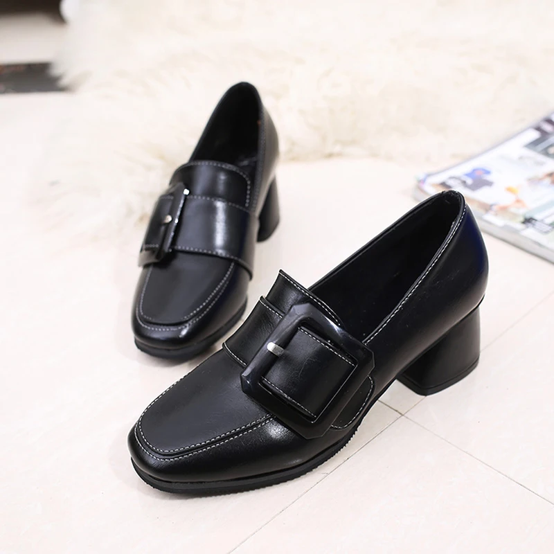The spring of 2017 new British style square thick shoes buckle with documentary girls shoe side deep all-match High-heeled | Обувь