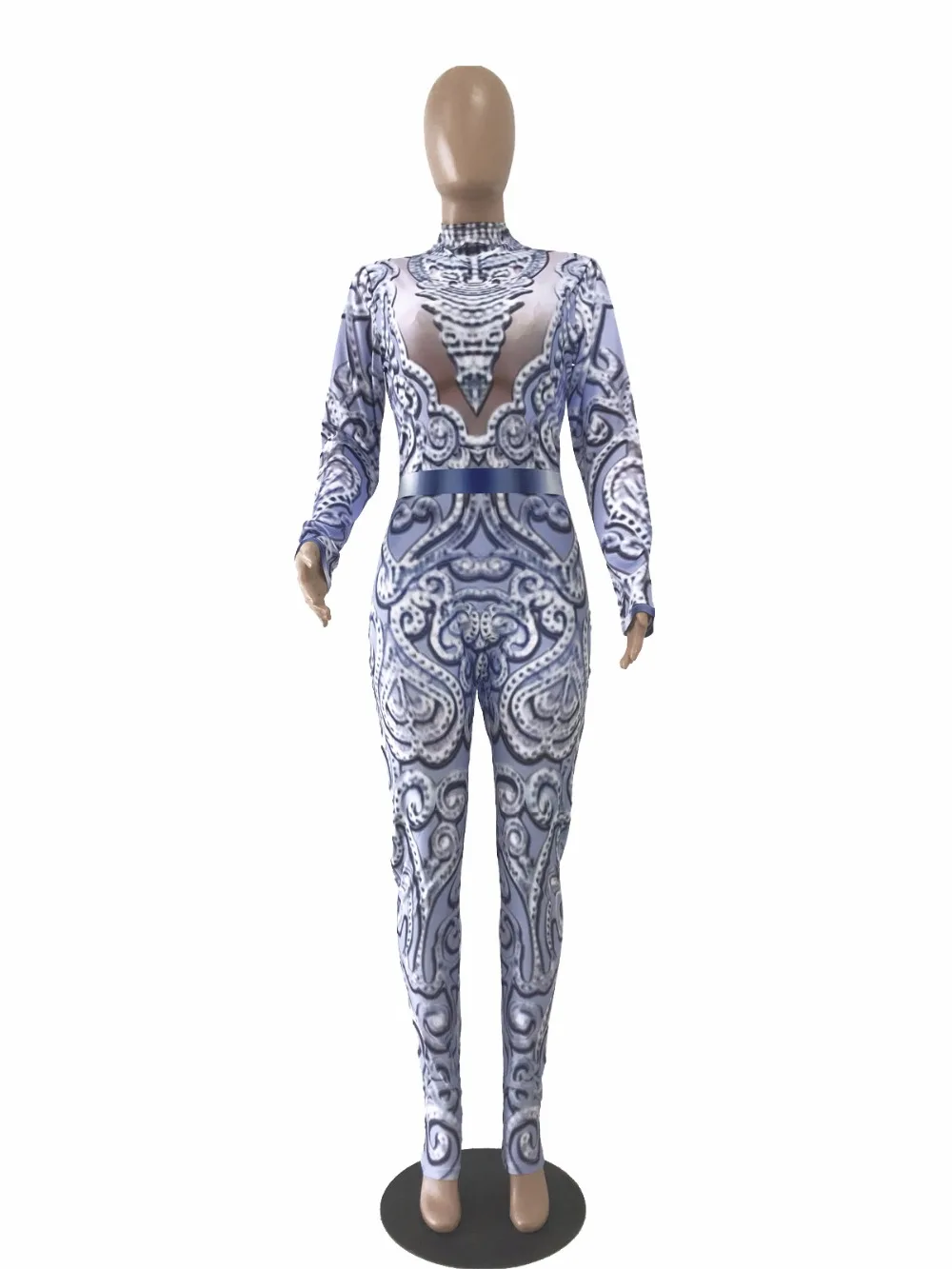 Женские Пейсли Винтаж 3d печатных Длинные рукава bodycon Высокая талия узкие длинные Комбинезоны клубный вечерний комбинезон 3 цвета LZ-476