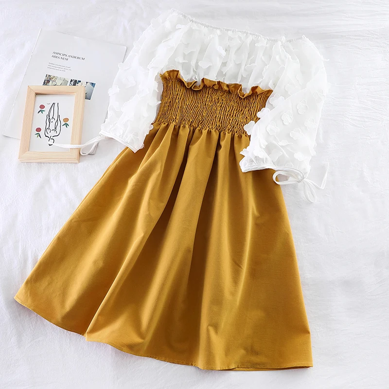 Женское шифоновое мини-платье с рукавами-фонариками эластичным поясом | Женская