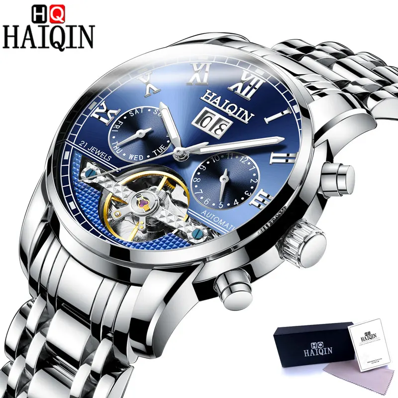 Silver Blue S Топ бренд класса люкс HAIQIN Мужские часы механические часы мужские часы автоматические часы мужские Водонепроницаемые турбийон Relogio Masculino - Цвет: Silver Blue S